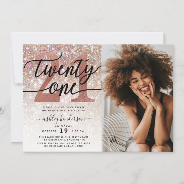 21st Birthday Champagne Glitter Photo Invitation (Front)