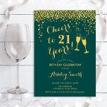 21st Birthday - Cheers To 21 Years Emerald Green Invitation<br><div class="desc">21st Birthday Invitation. Cheers To 21 Years! Elegant design in emerald green and gold. Features champagne glasses,  script font and confetti. Perfect for a stylish birthday party. Personalise with your own details. Can be customised to show any age.</div>