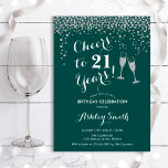 21st Birthday - Cheers To 21 Years Green Silver Invitation<br><div class="desc">21st Birthday Invitation. Cheers To 21 Years! Elegant design in emerald green,  white and silver. Features champagne glasses,  script font and glitter silver confetti. Perfect for a stylish birthday party. Personalise with your own details. Can be customised to show any age.</div>