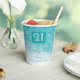 21st Birthday Classy Falling Teal Blue Glitter Paper Cups