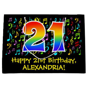 21st Birthday - Colorful Music Symbols, Rainbow 21 Large Gift Bag