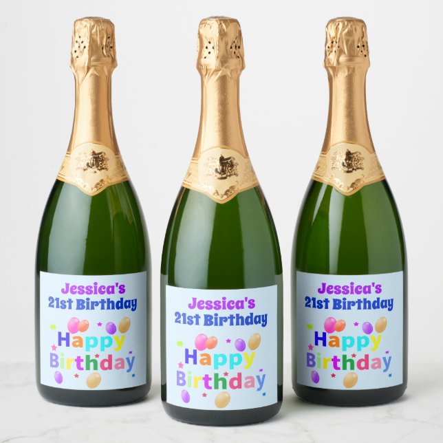21st Birthday Colourful Balloons Happy Birthday Sparkling Wine Label (Bottles)