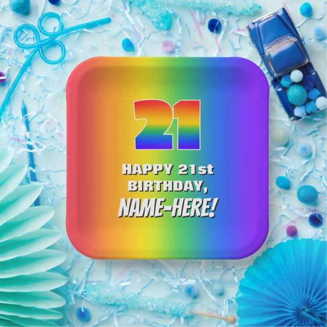 21st Birthday: Colourful, Fun Rainbow Pattern # 21 Paper Plate (Party)
