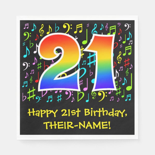 21st Birthday - Colourful Music Symbols, Rainbow 2 Napkin (Front)