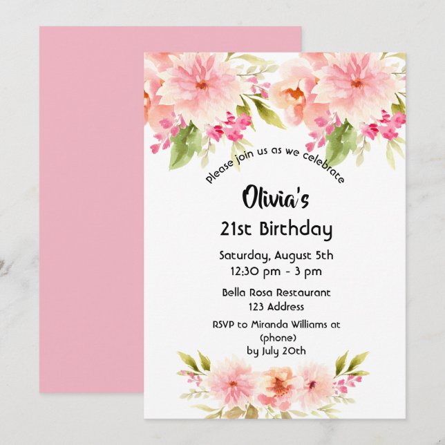 21st birthday coral dahlia flowers pastel pink invitation (Front/Back)