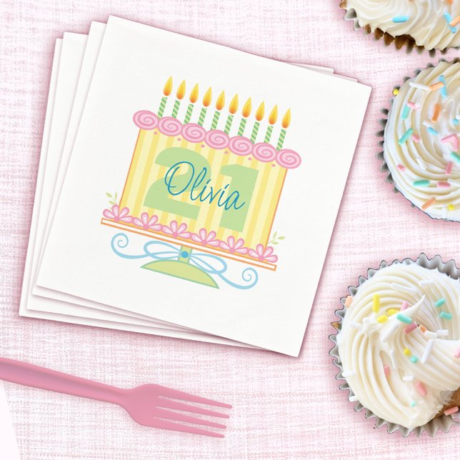 21st Birthday Custom Name Floral Cake Napkin (Creator Uploaded)