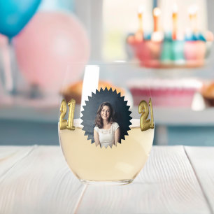 21st Birthday Custom Photo and Text Gold Balloons Stemless Wine Glass