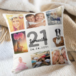 21st birthday custom photo collage girl white cushion<br><div class="desc">A unique gift for a young womans 21st birthday, celebrating her life with a collage of 8 of your own photos, pictures. Personalize and add her name, age 21 and a date. A chic white background. Gray and black letters and numbers. The name is written with a modern hand lettered...</div>