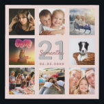 21st birthday custom photo collage rose gold name faux canvas print<br><div class="desc">A unique 21st birthday gift or keepsake, celebrating her life with a collage of 8 of your photos. Add images of her family, friends, pets, hobbies or dream travel destination. Personalise and add a name, age 21 and a date. Grey and dark rose gold coloured letters. A chic black background....</div>
