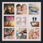 21st birthday custom photo collage rose gold name faux canvas print<br><div class="desc">A unique 21st birthday gift or keepsake, celebrating her life with a collage of 8 of your photos. Add images of her family, friends, pets, hobbies or dream travel destination. Personalise and add a name, age 21 and a date. Grey and dark rose gold coloured letters. A chic black background....</div>