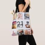 21st birthday custom photo collage woman white tote bag<br><div class="desc">A unique gift for a young woman's 21st birthday, celebrating her life with a collage of 8 of your own photos, pictures. Personalise and add her name, age 21 and a date. A chic white background. Grey and black letters and numbers. The name is written with a modern hand lettered...</div>