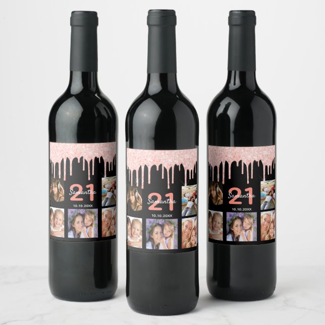 21st birthday custom photo glitter black rose gold wine label (Bottles)