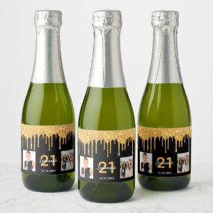 21st birthday custom photo glitter black sparkle sparkling wine label