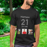 21st birthday custom photo monogram guy T-Shirt<br><div class="desc">For a 21st birthday as a gift or for the party. A collage of 3 of your photos of himself friends,  family,  interest or pets.  Personalise and add his name,  age 21 and a date.  Date of birth or the date of the birthday party.  Grey and white coloured text.</div>