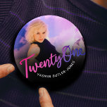 21st Birthday custom photo purple pink black 3 Cm Round Badge<br><div class="desc">Twenty one purple through to pink script text photo party pin button badge. Personalise this 21st birthday party script photo birthday button with your own birthday girls name and a photo of your birthday girl. Other years and matching items are available and can be created by request. © Original design...</div>