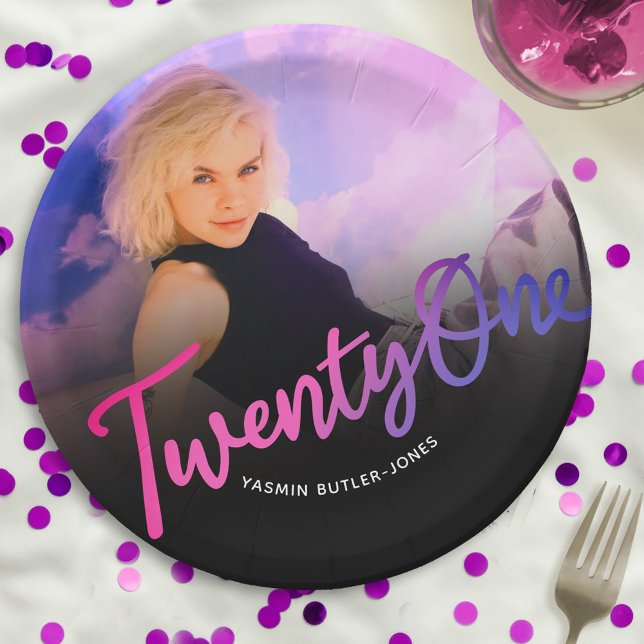 21st Birthday custom photo purple pink black Paper Plate (Creator Uploaded)
