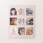21st birthday custom photo rose gold blush pink jigsaw puzzle<br><div class="desc">A unique 21st birthday gift or keepsake, celebrating her life with a collage of 8 of your photos. Add images of her family, friends, pets, hobbies or dream travel destination. Personalise and add a name, age 21 and a date. Grey and dark rose gold coloured letters. Elegant and trendy blush...</div>