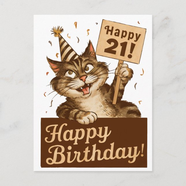 21st birthday cute funny cat vintage postcard (Front)