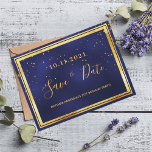 21st birthday dark blue gold save the date postcard<br><div class="desc">A Save the Date card for a 21st birthday party for a guy, man, male. A dark blue background decorated with golden confetti and a faux gold and black frame. The blue colour is uneven. Templates for a date and name/age 21. Golden coloured letters. The text: Save the Date is...</div>