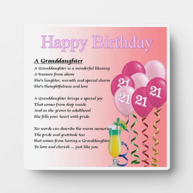 21st  Birthday Design Granddaughter Poem Plaque (Front)
