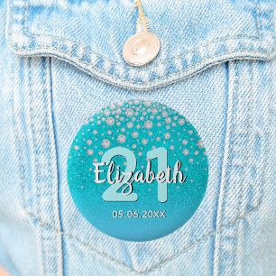 21st birthday diamonds glitter teal blue green 6 cm round badge