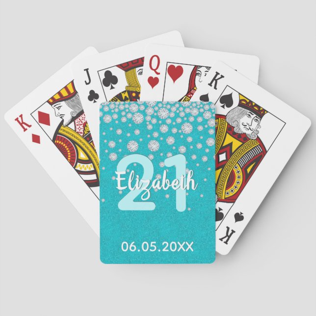 21st birthday diamonds glitter teal green playing cards (Back)