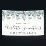 21st Birthday Dusty Blue Floral Welcome Banner<br><div class="desc">Welcome your guests with this elegant birthday party welcome banner. Pretty dusty blue roses,  peonies and wildflowers decorate the top border. A classic and easy-to-read font combination takes only minutes to personalise.</div>