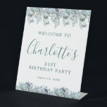 21st Birthday Dusty Blue Floral Welcome Pedestal Sign<br><div class="desc">Welcome your guests with this elegant tabletop pedestal sign. Pretty dusty blue roses,  peonies and wildflowers decorate the top and border. A classic and easy-to-read font combination takes only minutes to personalise.</div>