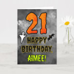 21st Birthday: Eerie Halloween Theme   Custom Name Card<br><div class="desc">The front of this scary and spooky Halloween themed birthday greeting card design features a large number “21”. It also features the message “HAPPY BIRTHDAY, ”, and a custom name. There are also depictions of a ghost and a bat on the front. The inside features a personalised birthday greeting message,...</div>