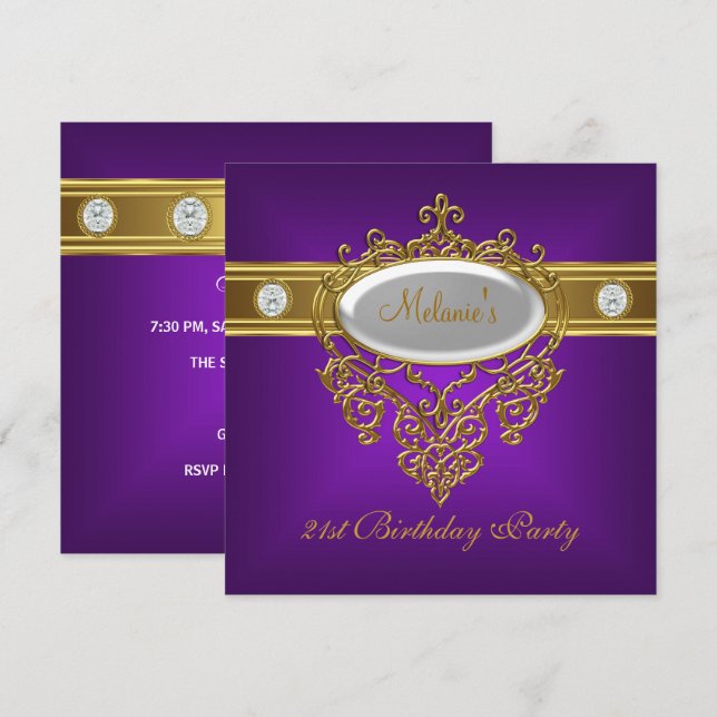 21st Birthday Elegant Purple Lace White Gold Invitation (Front/Back)