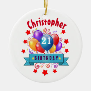 21st Birthday Festive Colourful Balloons C01AZ Ceramic Tree Decoration