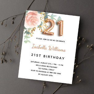 21st birthday floral rose gold budget invitation flyer