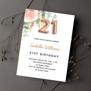 21st birthday floral rose gold eucalyptus greenery invitation postcard