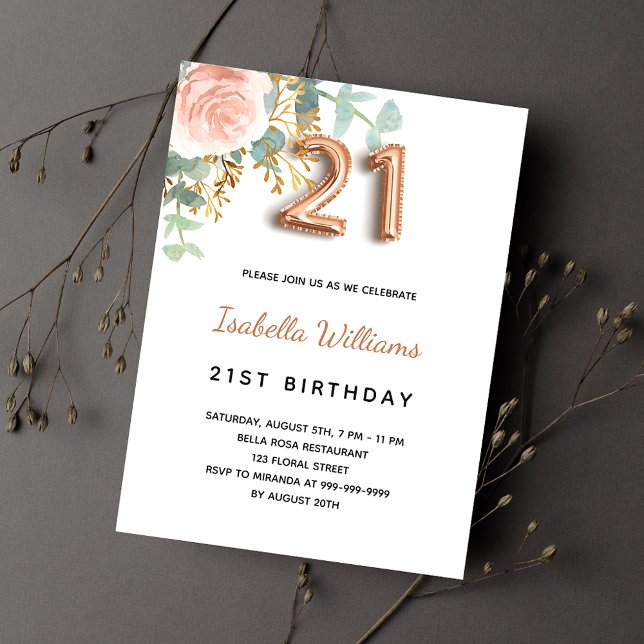 21st birthday floral rose gold eucalyptus greenery invitation postcard (Creator Uploaded)
