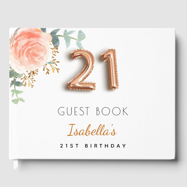 21st birthday floral rose gold eucalyptus monogram guest book (Front)