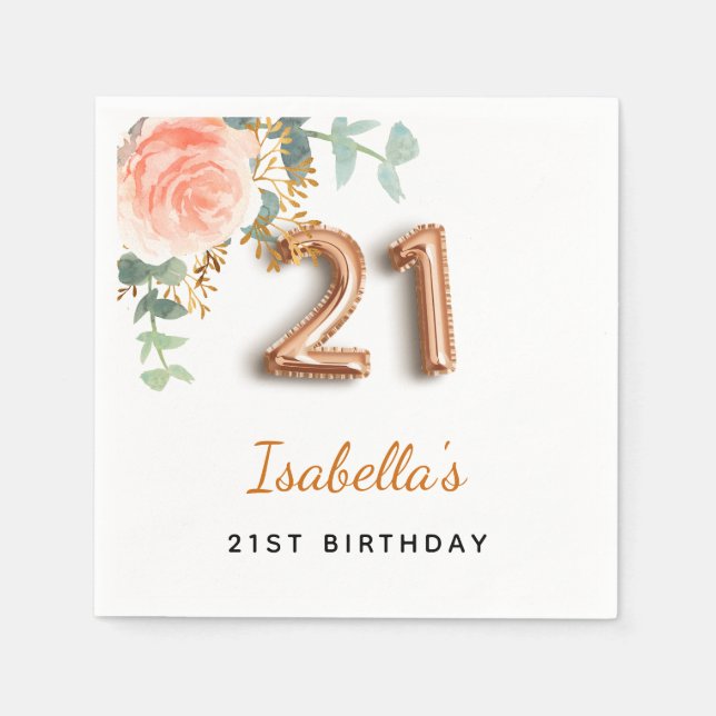 21st birthday floral rose gold eucalyptus monogram napkin (Front)