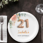 21st birthday floral rose gold eucalyptus monogram paper plate<br><div class="desc">For an elegant and feminine 21st birthday party. A chic white background. Decorated with a rose gold and blush pink watercolored rose flower, floral, green eucalyptus leaves, sprigs, greenery and faux gold sprigs. Personalise and a name. Black and golden letters. The name is written with a modern hand lettered style...</div>