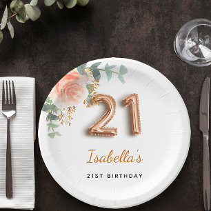 21st birthday floral rose gold eucalyptus monogram paper plate