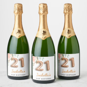 21st birthday floral rose gold eucalyptus monogram sparkling wine label