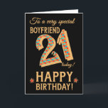 21st Birthday, for Boyfriend, Gold Effect on Black Card<br><div class="desc">A chic 21st Birthday Card for a very special Boyfriend, with the number, 21, in a bright mosaic pattern with a gold-effect outline and all the text in gold-effect lettering (ie not metallic paint). A bright red and gold-effect star is beside the 'Happy Birthday' on this striking digital design by...</div>