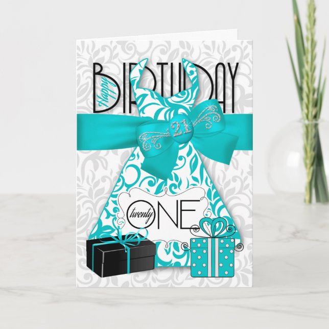 21st Birthday for Her Trendy Bling Turquoise Dress Card (Front)
