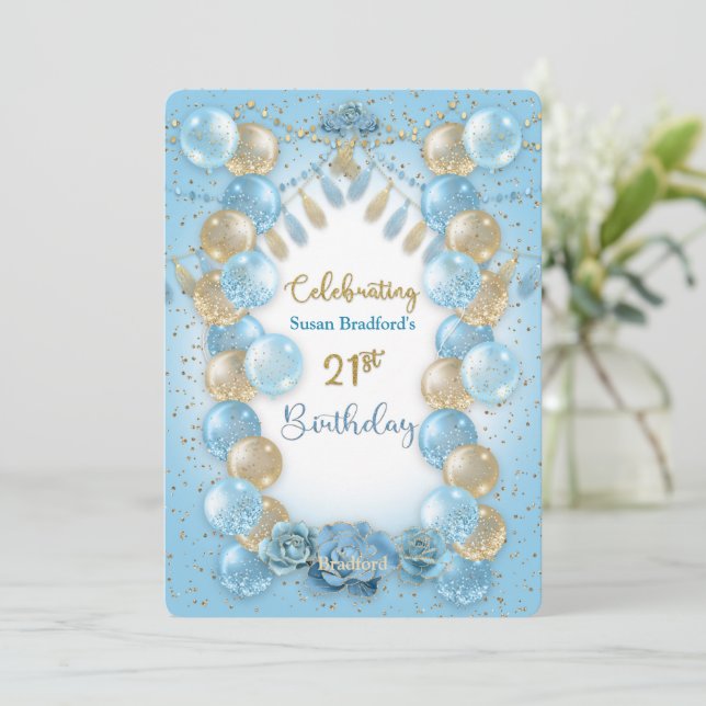 21st Birthday For Ladies Blue Gold Balloons Design Invitation (Standing Front)