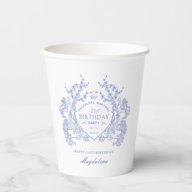 21st Birthday French Blue Floral Crest Custom Paper Cups (Front)
