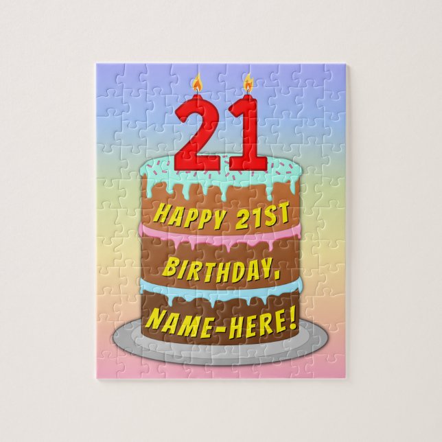 21st Birthday: Fun Cake and Candles + Custom Name Jigsaw Puzzle (Vertical)