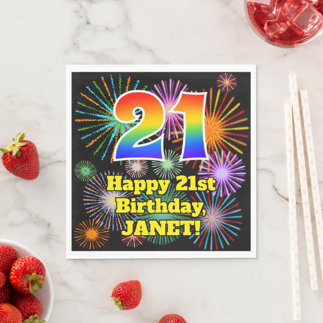 21st Birthday: Fun Fireworks Pattern + Rainbow 21 Napkin (Insitu)