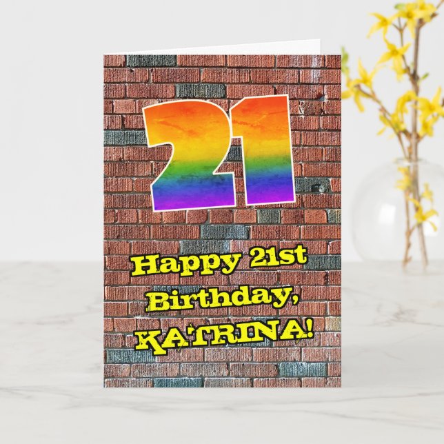21st Birthday: Fun Graffiti-Inspired Rainbow 21 Card (Yellow Flower)