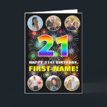 21st Birthday: Fun Rainbow #, Custom Name & Photos Card<br><div class="desc">The front of this exciting and bold birthday greeting card design features a big number “21“ with a colourful rainbow spectrum inspired gradient pattern, along with the message “HAPPY 21st BIRTHDAY, ” and a custom name, on a multicolored bursting fireworks inspired pattern. Near the top and the bottom of the...</div>