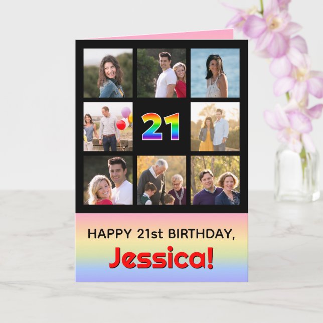 21st Birthday: Fun Rainbow #, Custom Photos + Name Card (Orchid)