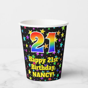 21st Birthday: Fun Stars Pattern and Rainbow 21 Paper Cups