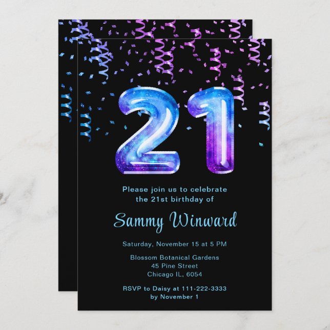 21st Birthday Galaxy Balloons with Confetti Invitation (Front/Back)